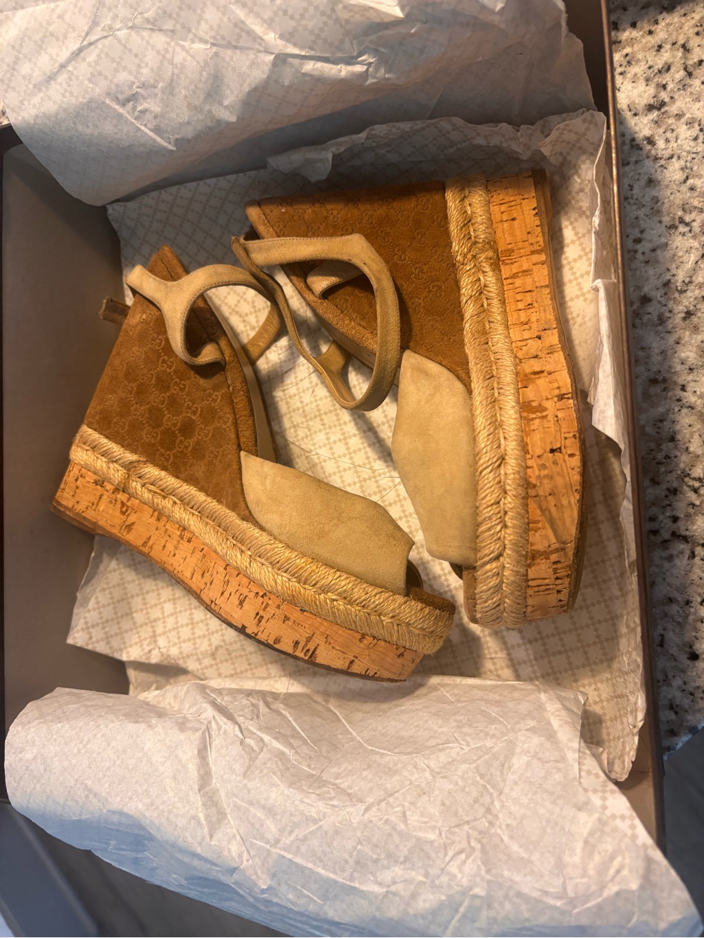 Authentic Gucci Tan Suede Cork Wedge Espadrilles
